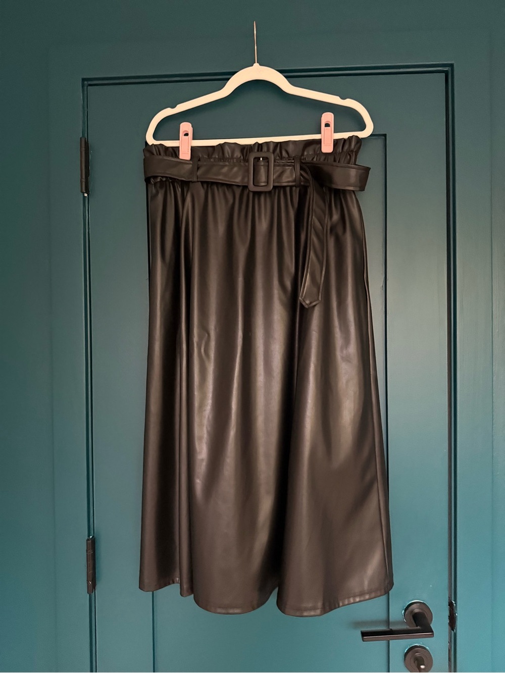 Cider Black Faux Leather Midi Skirt with Paperbag Waist & Belt